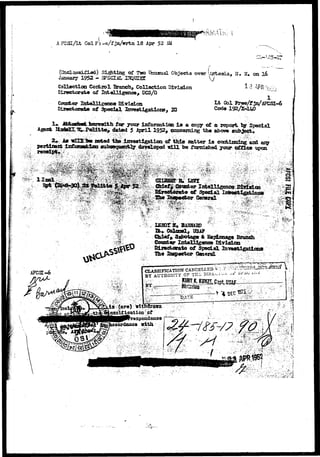 A FCSl/Lt 
:*4-.*^5-17 
I? 
K 
iad) S i t t i n g of T*o Unusual Objects over i/ujtesia. ». 2. on 
January 1952 - SP2CIAL UQUIST Vj 
Collection Control Branch, Collaction Division 
Direcfcorata of Intelligence, DCS/O 
C&BX&GT TnW^T^ Effinpfr Division 
Directorate of Special Irrrosti^ationD, IB 
Lt OoX Free/f 
Code 192/3&-14O 
':. i 
1* fttfcatfawfc Boromt h for your information i s a copy of a report ty Special 
Agent IindftlX ^-.?o2ittof dated 5 April 1952, coocami^g th« above j ^ 
As ^nyfei» not©d tha investigation of thia matter i s continuing aid ax& 
pertinant lsfosaa£36B subaetjuantly doyaloped tdJLl be furnished your office upon 
:^i'. l l n c l 
• • . ; ^ " . 
of Special 
Genaxal 
'•::h • 
• . . - • . • : : • * % : . " . > • . , ; 
^; 
;.'"-'u.>:;-. 'v 
Colonel, BSJF >, - <::....;#--: 
Chief > Sabotage & Sapionago Branch 
Countar IctoHigenes Divisioa 
The 
of Special 
General 
AFCST-6 
 'p.-vij'>v .•• 
(are) 
CLASSIFICATION CANCELLED: * i: -• > ~ — ---— " ^ 
BY AUTHORITY OF TRii DIKr-^i.-^ -v c r - o i - « 
ass'ilication of 
"'l 
BY AUTHOR! 
••• ; ^ . - ^ . - i 
Qordaaoe with 
'te 
; : ! . . • > • • ; " : • - • 
. i 
 