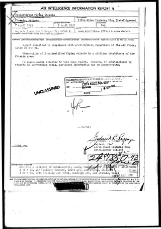 AIR INTELLIGENCE INFORMATION REPOKT 
S/fcnidentlfted ?lyiag Objects 
iffr. 1-TI n i iwT^ri3i~rT i ii w "«^m-»nir-L?u»" _ ' i. • " — 
r.oenajc. 
FROM 
$' April 1952 
DATE OF IKFOHMAT1OW 
5 April. 1952 
127th Pilot 1raising wing (lntelligeac«) 
EVALUATION 
F-6 
aptt.iii Frsd^r-ick y. deeper Jr, Tntsl C 
sot; etc 
Base per-tioiiS Office <L- Area Cc.I 
o^ 7»a,T»6*T, dir<!Ctj»r. vrmmu report, etc., a* applicable) 
SUMMARY: (Enier cancix rum-mart of rt-port. Give lignifictmct in final ont-ttrUence ptragra-pk. £i* i-ndoeurrt at Inotr Uft. Btgin text of report on AT Form Ilt—fart U.) 
Report subr.ittad in compliance vfith ii?CB"-C/GG--27 Departcant of tha Air ?Cxrc«, 
dated 19 > c 51- - - 
Obser"-'atiCB of 3 unidentified flyiag objacts by 4 civilian inhabitants o£ the 
Phcarsjjc ar«a-l.' 
o si.gr^ii.'i-=£rxrs attached to this .lone report0 h'owever, if substaatiat«d by 
rsports in surrccacing areas^ pertinent infomation nay be incorporated^ 
CLASSIFICATION C A N C E L L E D - ^ i - - -• 
BY AU 
BY 
* 
DATE 
i-one 
,-. / 
127th Pilot Training ?/ing 
Int?liigence Ofricer ^__ 
Ori-;ir.i. 
2 id - 
1 ca - 
I - .jirectcr of Lnteliiger-oe-, DC3/O, •Hea^|3L^r^uTj^^f^I^Ai}£-&-C/CC 
^G; Air Train in;; Goiar.ar.d, Scott A?B, Delllevill^, 111 incJw-_- ,._.-.. -^riCilS 
CQ, 3rev/ Training ---ir r'orce, Randolph AFB, 3an Antonio, Texas ". ~~"— 
- r * 
*0Tt THIS DOCUMENT CONTAINS INFORMATION AFreCTING THE NATIONAL DEFENSE OF THE UNITED STATES WITHIN THE MEANING OFrrie/BftONAGE ACT; 50 U S C-— 
31 AND 32. AS AMENDED ITS TRANSMISSION OR TtfE* REVELATION OF ITS CONTENTS IN ANY MANNER TO AN UNAUTHORIZED P^'^QaLlS PROHIBITED BY LAW 
IT MAY NOT BE REPRODUCED IN WHOLE OR IN PA£|^i|tiJtigBflflHBg88S13BBA'BJ:ORCE: AGENCIES. EXCZPT BY PEHM(S>ON OF THE DIRECTOR 
IN-ELLIG£NCE. USAF. 
 
