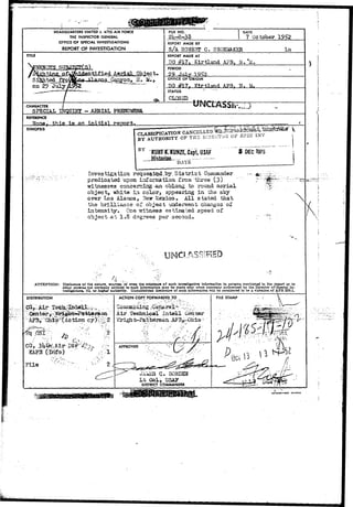 HEADQUARTERS UNITED & ftTES AIR FORCE 
THE INSPECTOR GENERAt 
OFFICE OF SPECIAL INVESTIGATIONS 
REPORT OF INVESTIGATION 
FILE NO. 
2U-8-33 
DATE 
7 October 1952 
REPORT MADE BY 
S/A R0BE3T SH0E2&KER 
TITLE REPORT MADE AT 
SO #17% Kirtland AFB, 
PERIOD 
2J9-_Julj£ 
OFFICE OF ORIGIN 
DQ # 1 7 # ?<U 
STATUS 
CLOSED 
CHARACTER I 
SP5C3AL T^QUXtg - AERIAL 
REFERENCE 
32a 
SYNOPSIS 
BY 
AUTHORITY OP TH3 
KUW KKUNZE, Gapi, USAF 8 DEC 1975 
Investigation reque§ttigd;by.District Coffloander. 
predicated upon information froia -three' (3) 
witnesses concerning -sin. oblong to round aerial 
object, white in coljor^ appearing in the sky 
over Los Alaocs, Nevr Mexico, All stated that 
the brilliance of object underwent changes of 
intensity. One."sritness estimated speed of 
object at 1.8 degrees per seconds 
ATTENTION: Dlsclo*ur« o( the nature, sources.''or even the existence of such Investigative Information to persons mentioned in the report or to 
othtr person* not normally entitled to such Information^may be made only when expressly authorized by the Director of Special In-vestigations, 
IO, or higher authority. Unauthorized disclosure of such information will be considered to be a violation of AFR 205-1. 
DISTRIBUTION ACTION COPY. FORWARDED. TO 
Air Tsc]mic«i Xnteil 
JA2*E3 C- BOR33EN 
Lt Col, USA? 
DISTRICT COMMANDER 
 