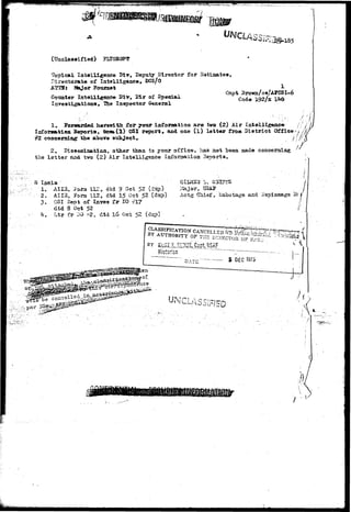 (Unclassified) S 
TTopical Intelligence Divy Deputy director for Batiaatea, 
Directorate of IntelligenceP DCS/o 
^ . „, . , Capt / / 
Cotmter Intelligence Bi"*v Sir 01 Spetasu. Cod© 192/x 
Iaveatigatioaa* The Inspeotor General 
1. Forwarded herewith, for your information are two (2) Air 
Inforaatioa Beports, £>ce*(l) OSI report» and one ( l ) letter frbsi Siatxdct Office•*f /$ 
#2 concerning the a»ove attijoct^ /.•,//' X 
2» Di a semination, other than ta yotu? office • iiaa not "been made concerning 
the letter aad two (2) Air Intelligence Informal ion 2ep 
Incla 
1. Alia, j'oxai 112 r 4 « 9 Qct 52 
•2. AII3; Fora' 112, dtd 15 Oct 52 
3. OSI Sept of Invea fr CO #17 
dtd 8 Oct 52 
k, Ltr fr 30 *2, dtd 16 Qet 52 (dup) 
f 
 
GILSS3 L. S33PES 
y,ajor, USAP 
Actg Chief, Sabotage and l;spiosage Bj f' 
Historian 
 