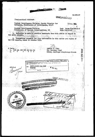 24-185-17 
(Unclassified) FEXOBHFT ' 
Topical Intelligence DiviaLon, Deputy Director for 
of Int elligeuca-, 
• ••••••.••'•££&•><•'*••:•:•:•-• ••••'-:•<•• ; r : y v p " v V r r v ^ ; : r 
Countea*Intelligence^Division V ., Capt Browi/ftJm/AK:si-6 
'•'.;-,.,_. Directorate of Speci^-Inv-e^igations^ 1G/ .,.-.. Code .l^/i-140i^fc:••••.• •••.-% 
' ^ ^ : ^ thia/office in regard to 
,"th» above ;s^ecta;^P^Si^ .:., -. ^'u^- : ^^,rsgm$£^.>) 
^ . . ^ • • • • • • • • • • ^ ^ i ^ ^ V";. •:;•• r:^v^^c : f ; v - ^ v v ; . ^ ; ^ ^ : ^ / ^ i ; 
:•• 2» Transmitted heretadtlj^ fcr; your ir^ormaijaa in this natter are copies of 
two OSI reports, dated 21 October 1952* 
OSXr rpt (DO *7£; 2 t Oct 52 
2 ". n- t? •• n . - "•'•"• it- it '• t t ' • 
Colonel^ USAP 
Chief, Sabotage? & Espionage Branch 
S! 
OF TJI.". LlH 
BY J«SHJUfliHZErG3pt,-USff- 
Historian " r 
 