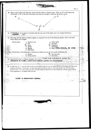 Page 4 
20. Draw a picture that will show the motion that the object or objects made. Place an "A" at the beginning 
of the path, a "B" at the end of the path, and show any changes in direction during the course. 
o y- o' 
3 
21. IF POSSIBLE, try to guess or estimate what the real size of the object was in its longest dimension. 
22. How large did the object or objects appear as compared with one of the following objects held in the hand 
and at about arm's length? 
(Circle One): a. Head of a pin 
g. Silver dollar 
h. Baseball 
Xi. Grapefruit .--..- - ~: 
j . Basketball ; ' " 
k. Other Sireflr:--obje<>1»»--tap- s 
b. Pea 
j£c Dime 
dV Nickel 
e. Quarter __ 
f . Half dollar • : v j " : " V - 
(Circle One of the following to indicate how certain you are of your answer ;to Question-22. ; 
"••"-•••.."'"• "a-. Certain' ^c. Not very sure " : . . : : 
•r - .- b. Fairly certain " :-_ 17 d, Uncer.tain_.._; _ . v, : . "..!—.">.. 
;23. How did the object or objects disappear from view? .! 
into building-fe? 
.«d wh»o I.-«#»t bac^ otttgid® objects had 
X 
X 
24- tn order that you £•>»•• yive as clear o picture- as possible of what you saw, w» woulcf like for you to'imagine thot you could 
• construct the ob;»«' ^'n'tr you sow. Ct whar Typ» material would you make it? How large would it be, and what shape 
- ~ would i t have? D«*»r-"b« fn your own words a common objector objects which when placed up in the sky would give the 
-—.•-• same appearance- o« r'n^r ob-fect wb+ch you saw. . '• • ' '" "~ ...:~" ""-• •- 
• 7 
t • 
Unabde to rooonatruet 
 
