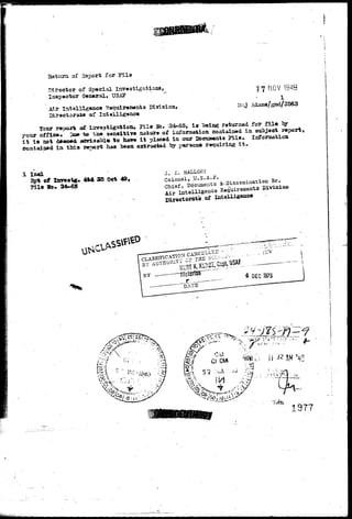 1 7 MOV 184-B 
Betam of Eaport for y i l e 
Tftrsctor of Special Investigations, 
Inspector General, USA? 
Air Intelligence "Requirements Division, tU^ 
Directorate of Intelligence 
Tour report as? Investigation* File So, 34-65, ia "being returned fov f i l e "by 
your office* 3cm-to the aanaitive nature of information contained in subject report, 
i t i s sot deemed sdri3able to hsre i t placed in our Soensoents Pile. Information 
contained in this rerjort has "been extracted by persons requiring i t* 
1 Iwl 
2p* of Xsmtg* 
?ils 34^6 
35 Oct 
j. £.. MALLORS 
Colonel, U.S.A.JF 
i o n B r 
-e of IntelligeiKM 
S&CXPS&& 
j 
1977 
 