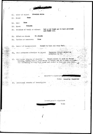 f 
16. Color of object Greenish whita 
17 - Sound None 
18.. Odor None 
19. Speed Unknown 
20. Evidence of trail or exhaust Had a red trail as i t Io3t altitude 
and faded out. 
21. Effect on clouds No clouds 
22. Tactics or maneuvers None 
2.3»-.-Manner of disappearance Seemed to burn out very 
, vVhab attracted attention to,.:objeGt Ins ps o tor EU'ip't cal^d 
attention to it*' '' ^"^ 
A d d i t i o n a l ' r e m a r k s of o b s e r v e r ; ObjeeVseemed,. to. glOTf a s t h o u g n - - - _ : 
but-ning* f a d i n g from a .green-^white t o b r i g h t r e d " a s i t l o s t a l t i t u d e •!•- 
7'aa at very hiighh , speedd andd sssiredd tot- b ^ ^ ^ e ^ 
Observer's signature 
Title Security Inspector 
26. ' Additional remarks of. investigator 
Investigator's signature 
Title 
 
