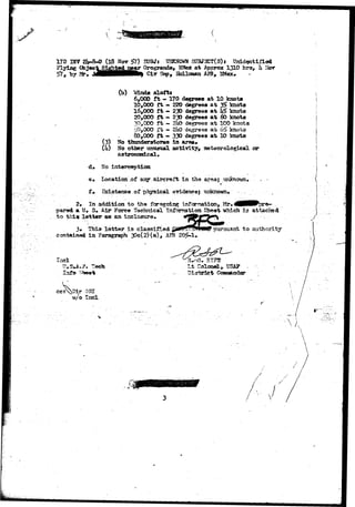 1?D UI7 2b-8-O (18 Nor $7) SUBJt U&GIOVH S0BJ2CT(S)i Unidentified 
Plying 0b.1octSi^ted near Qrogranda, HHex at Appro* 1310 hrs> h Iknr 
57, by Mr. JtfHHHHHH^ Civ 2ksp, Hollonan AFB, IlMex* • 
(3) 
(U) 
(b) mnds alaftt 
6,000 ft - 170 degrees at 10 knots 
10,000 ft -• 220 dsgraea at 35> knots 
16,000 f t - 230 degrees at fe kncrts 
20,000 ft - 230 degrees at 60 knots 
30,000 ft.— 2liO degrees at 100 knots 
i'0,000 pi - 21*0 degrees aiv 6£ knots 
80,000 f t - 330 degrees * t 10 koot» 
No thunderstorms in area* 
Ho otbsr unusual activity, meteorological or 
astronomical. 
d* No interception 
e» location of any.aircraft in the arsaj 
f* BsJatenc-e of physical evidaneej unknown. 
2« In addition to the foregoing irifcrnation, Hr» 
pared a. U# S» Air Force Tschnical Infonriation Sheet which 
to thisp letter as an inclosnre. 
i • • . • • • 
3* 'Thia-letter is classified 
$ontainod in Paragraph 30c(2)(a), i 
Inc-1 
Info- 
OSI 
o 
''  
 