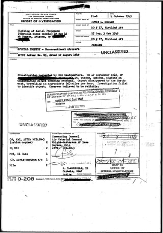 UNITED STATES AIR FORCE 
THE INSPECTOR GENERAL, 
OFFICE OF SPECIAL. INVESTIGATIONS 
REPORT OF INVESTIGATION 
FILE NO. DATE 
k 
REPORT MADE BY 
339X9 ! • DOOLSX 
TITLE REPORT MADE AT 
Sighting of Aarlal Vtmrxmm. 
(!3*br»lla niau bandit) 
DO § Xt9 
PERIOD 
on, irisosa, tgr 
27 Ocfc 
OFFICE OF ORIGIN 
PO # 17, Sirtland iUTB 
STATUS 
CHARACT 
5CIA2. UrqDIHI • 
REFERENCE4?CSI I«tt«r He. 12 iagast ISfc? 
SYNOPSIS 
, travelling aa 
idantify object. 
Tucaodp .A^tzona, alghtewl an 
^ t disappeared to the ! 
600 edlas ?ar hosr* 
beli»r«d to b» r&llabla. 
UNCLASSffiED 
under tho- ou^hority of nvcstisotiorts, U5AF> } 
DISTRIBUTIOH 
(Action copi««) 
2 
Hi 031- 
2 
FBI, El a*8# 1 
CO, EsTia-Benthax* AK3 1 
ACTION COPY FORWARDED TO 
II 
USAF 
District Commander. 
FILE STAN!? 
AFHQ FORM 
15 JAN 49 O-2O8 BeplMea AFC8I Fonn 4, 23 Jul 
USffiFTG 
OFFICE OF 
INVESTIGATIONS 
A - i 
 
