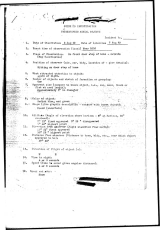 1 . 
2» 
3, 
4. 
5. 
6. 
?• 
 
GUIDE TO INVESTIGAriOM : 
" . • t , • * 
- . UNIDENTIFIED AERIAL OBJECTS 
Incident he 
Date of Observation 6 Aug 49 Date of Interview 7 Aug -49 
Exact time of observation (local) Hear 2000 
Place of Observation: On front door step of home -.outside 
(Map Coordinates) '.'•.. 
Position of observer (air, car, bldg, location of - give details): 
Sitting on door step of home / 
What attracted attention to object; • • 
p^are of light* 
Number of objects and sketch of formation or grouping': • 
O n e - • • • • • ' - • . - . ' • • • • • • • . • • " . ' • • ' - ' • . . - . . • • - ' ' . " •' 
Apparent.size (compare to known object, i . e . , sun, moon, thumb or 
f i s t at arms" length): :  -. . • • _ • . _ - ; 
5" in diameter ' "'. . : -'•• ' :.'^'r; . r : 
: S » ' ' • • • ( . C o l o r © f o b j e c t : • • •'• : - ;' . ••-.';. ^-,'.•':.:::"v:"-,^v'._:..' ' 
R©d ish. blue> and green _ : • V " . ••" "~^-:- 
9.- Sho.pe (give graphic description -: coffj»are'"with known object)j. ._ 
R o u n d ( u n c e r t a i n ) . .•'••••-•"* . -"•* r : - , " • . " : : / : v ' " ; r ; 
10, Alt.ltuie (Angle of elevation above horizon - .9° at horizon, 90° 
t l 
12. 
r. 
f° 2Zn f i r s t appearad 3° 28 " disappeared : r • : : . 
• ; ° 4 0 M h i g h e s t p o i u * . / ' ' ' - " • • ; , : ; ; ; ; . . . . : - , . - • . / • • . . . . . . . . . . , • ; • . ; . . . . 
Dire-ticrr frwn ^Vse-rver- (Anglo- olaok^Lstf- fram'north)rv " 
o7° 51" f i r s t appeared . "• . . ' . ^ r 
35° 23 K highest point ; . . ' , • . '- .. 
• Distance from observer (Distance to• town; bldg, e t c . , ever which object 
appeared to be): . ^ ••.••• . - _ ' . : • 
" ° 3 5 " / : • . . ".-; : - ' . ' . : " . ' . ' " . . ' • •--,- ".-• ••-:•-•'.':•'..  . : ' - . y ~ ? s .,.•••" : ' r " . ' . ' ; " " ' . 
13* Direction of flight of object (s): 
V E 
14. Time in sight: 
4 or 5 seconds . 
15. Sgeed (time t» cover given angular distance): 
4 or 5 seconds 
16. Sound and. *dor: -• • 
I T o n e - < '••.•'.' 
 