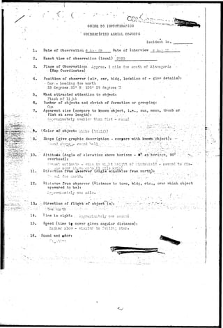 ^f£~^fe 
1. 
2, 
3. 
4. 
6, 
c 
GUIDE TO INVESTIGATION 
' UNIDENTIFIED AERIAL OBJECTS 
Incident 
Date of Observation 6.Aiy- 49 Pate of Interview 7 Air. 
Exact time of observation (local) 2030 
Place of Observation: Aripro:-:, 1 nils due south of Alanogordo 
• (Map Coordinates) 
Position of observer (air, car, bldg, loc'ation of - give details): 
• Car.;-- heading due n o r t h ••.••• •-'.•' 
••'•33 d e g r e e s . 5 3 ' 'll 1 0 5 ' 23 d e g r e s s 7f 
What attracted attention to object; 
Flash of l i j i t • ' 
dumber of objects and sketch of formation or grouping: 
O n e ' " ••• • ' 
Apparent size (compare to known object, i , e « , sun, moon, thunib or- 
Fist at arms length): • . . - • " .' " 
.-.pproxiniately anallor thar. f i s t - round • . " • 
•-"•.•.,&>' ^Color of object: 'jliite (brilsh^ ' ' •• ?.:i•'•'•• -: - : ' - r : r - '~ : y ~ ~ : "-•''-. 
' .9, Shape (give graphic, description - compare with- known."object): - 
10. . Altitude (Angle of elevation, above horizon - &°:• at'.'.hori^c'n,." 90-1? ..".'. -'•;. '*-,. 
overhead): , ' • _.' 
•'•••r?.io'~ 'sstirs?.to - C2;;i3 in n i oht hai^ht o£ '::.rindshtold - sesnod "to" d i s - 
•j'ir over Al_..^.o or do .(1 -T:ilo c-'^y) x . . . : . ; 
11. Direction from cv»sefver (Angle olaoJcy/ise from north): . '. ' . 
12. Distance' from observer (Distance to tcavn, bid?, e t c . , ever'.which object 
apoeared to be): 
A";:roxins.t3ly one zsils* ' • ' ' • . • . . . , ... .. 
i - - - 
Direction '..of f 1 i^ht-' of object ( s): 
ima in sight: • • --yF0-1-1- one 
15. Sgeed (time t^ cover given angular distance): 
P.ather si OAT - si.nil?.r to falling star, 
16, Sound and fdort 
 