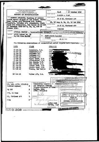 UNITED STATES AIR FORCE 
THE INSPECTOR GENERAL. 
OFFJCE OF SPECIAL. INVESTIGATIONS 
REPORT OF INVESTIGATION 
ISO # IT, 
, HoUesta 11, 12 0ot 
»> § 17» 
r 3LDEC 1275 
oJf cnid«»tif l a d 
13 S 
Classification cancei!ad,'c 
CS^&^&i&Srrg&M 
unaer Vha 
by a 
DISTRiaimON 
CO, 
( 
ACTION COPY FORWARDED TO 
XNVESTIGATIO^f 
District Commander. 
AFHQ FORM 
15 JAM 49 O-2O8 AFCSI Form i, 23 Jul 4», whi 
II» orncs 
 