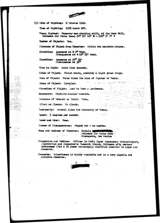 (3) 
Tlaw 
6 
1755 hear* 
Sighttds Ctwmrvu 
Air ?«rw Saw* 32* 
of Within 
at 3fi* 30» 
in Sight i About Jfow 
Coler oi* Cbj«ct; Slalah white, poanibOy a light 
.-of 
of Flight* iiaat to Tf««t - 
or 
Clottdst S 
and Addr9*« cf 
axsd 
research* 
p 
a $0 powr t«l*»c«pa)| 
rsllabl© 
i * 
in nppve air 
l and 
 