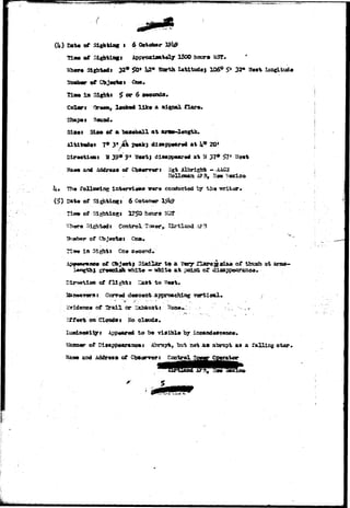 (U) Dat« of Sighting t 6 October 
aRt«3y 1800 
32* $0* h2* Berth XaUt»«Uj 
Tlawi in 
Col«rf 
6 
Ilk* & signal 
7« ai ^ 20* 
S 37* 
and /vddraaa of 
Th« following 
Albright - . 
osaAnAfBr, lim. 
Control T^er,,.; Kirtlasd 4j? 
tft- Sigiktt On* 
of to 
of flight! E*»t to ^ 
of H^«ll car 
Ko clocda. 
32* 
of Diijappowaoc^j abmpt, but not as aixnxpt aa a falling star 
and Addrsaa of Cb»«rr«?t Control 
 