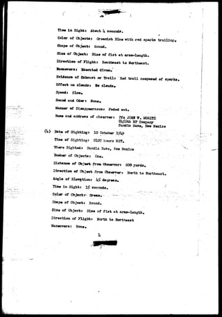 in Sight i About k seconds* ' 
* 
Color of Object* i &*eenish Blae Tiith red sparks trailing. 
Shape of Object* Round* 
Sis* of Ob j e e t J Size of f i s t at arms-length. 
Direction of Flight r Southwest t o Northeast* 
Haxuerersr ftcecuted dires* 
Evidence of Erhsmst or Brail* Bed trail composed of sparks* 
Effect on cloudsj 5* eleads* 
Speedx Slow* 
Sound and Odors ifone* 
tfamxar of Disappearance! Faded oat* 
Nan* and address of observer r Pfc JCH5 W» MO&ITZ 
81;p6th HP Cootpai^r 
Sandia Base, Nay Mexico 
•&) Date of Sightingt 10 October 19k? 
Time; of Sighting: 0107 hours MST# . , ^ . -, 
"Where Sighted* Sandia Base, New Mexico 
$a*ber of Objectst Oo©,. 
51*taaee of Object fr«an ObservwrJ 600 yards# . ..-,'•..- 
SJrecblOR ef CJbjeet froa Observarr Jftarth to Hortheast* 
Angle of Elevations hS degrees*. 
Tiae in Sighti l£ seconds. , 
C o l c r o f : O b j e c t r 1 - C S ^ e a * : / • L - ; " - - " ; • • - > . ; • . • • - = • - • _ • _ • - • • ' " • •; . • > . • , •--.;.- - _ •••- 
Shape of Object* Bound* 
Sise of Object? Size of f i s t at araa-length. 
Direction of Plight: HortJi to Northeast 
Hanetrvere; None* 
2; 
1 
 