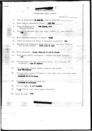 ^ " » - - ^ - . •«,••»-.•. 7.-. ••••.:fi**;* 
: 
€> GUIDE TO .IMVESTIGACION . . 
UNIDENTIFIED AERIAL OBJECTS 
1. 
2. 
3. 
Date of Observation 
' Incident ftc. 
•Date of Interview . 
Exact .time of observation (local) 505?? 
Place of Observation: • 
(Map;, Coordinates) •-,.;:•: 
Po sit ion.;qfr: observer; (air, .car, bldg, location of-/give 'details): "v 
.: :.•:.:;. ?<> 
5. 
6. 
7. 
What attracted attention to object: 2&j$& •• •' r •/'':"";;"'-'" 
Kumber of objects and sketch of formation or grouping:' &S& - 
Apparent size (compare to known object, i.e., sun, moon,- thumb or 
f i s t a f a r m s l e n g t h ) : / " '•*"--* -1 - -* -» - " • - •--••-•••-. 
y 
?|g> 5, (. Color of object: CsfchEHSB^ 1$%8&'&®& •#& i&g& &$ 
rfjf^il'T^'.:—'••• ^* Shape-(give graphic description - compare with .known":ipb.j'e;et):ti._:r".,:.-_. 
.10, Altitude (Angle o? elevation above horizon - 0°'at. hori^cii,.'" 9.6^" 
overhead): . 
I !•*_• 
1 1 ; from cbserrer (Angle. blookwise from north): 
12* Distance from observer (Distance to town, bldg, ...etc.> over which- objec-appeared 
to be): . • " • .. 
13 . .Direction,:or.flight' of object "(s)': 
T ime in- sights |> ^ 
15• Spir^4. (tiine to cover given angular distance): 
16. Sound and odor: 
 
