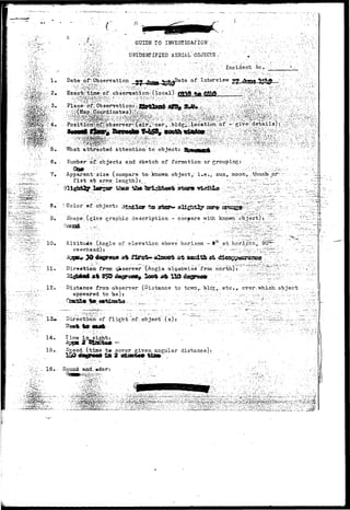 ^'';' 
.*• - l  • • V ' v v , « * • • , . • • • • • • ' — 
5 . 
6. 
7. 
11. 
12. 
14. 
15. 
. GUIDE- TO INVESTIGATION,/;:; ^ • ^ :' ; r ; 
USIDBHTIFIED AERIAL "OBJECTS / : : .'- ' •''„ '•/ ':^ / 
Date- of^ Observation 
'  r - : " ' • ' : / '•••••••;'' '• . ; ; ' ; • - > - r ^ . ' , : ; V ' ' - - ' ' • • . I n c i d e n t • • N o . . - . _ V 
of .Interview 
• • " r ; . . . • / • . . 
"What a t t r a c t e d a t t e n t i o n t o object: 
liumber of:! o b j e c t s and sketch of formation or grouping: _• 
Apparent-size (compare to-known object, i . e . , sun, moon, .-thumb pr~ 
f i s t at arms length):__. ' •- - - • ;;-;.:_:v.7 ~zr:."; Vr:.: J-: 
'Color>f. object: .^S * g 
9. Shape., (give graphic.description - compare with known obj 
• - • 
A l t i t u d e (Angle of elev-at-ion above horizon - V 1 . a t horazcrl,.90**": , ; - • " • _ • _ ; 
c v f l r h e a d ) r •'• • . . • •-;.. • . • " ' r . • ' ^ r ^ ^ x ^ . - ^ ^ r ^ ^ ; ^ , ? • •; .:-:"..-:.'~. 
m fr»2 Qaserrer (Anglo olookwisefrojn north):~" i^:'^[:^'::^::- -' ' : "'/:• 
Distance '•from observer (Dis-tance to tcwn,.. bldgr.. e t c . , ever;-which, object 
a p p e a r e d t o b e ) : "/:---•::-.;:";'. '..,•'. .:....'."'-: "• Z],,."..'-'. ..:;''• .;• -;.^r-;. Q ; ; •.;,•:"•:,: 1 . . , ; . . . . ; , f ;.'~v. I 
Direction- of flight of- object" (s)t 
Time i 
2 
Speed: (trime t r cover given angular di-stanco) 
and:.-»dor: 
• • • ' A w ' • i J - ' 
 