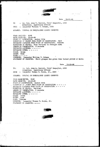 Date 11-19-4S 
TC ; Lt. C o l . John. A, C a r r o l l , Chief I n s p e c t o r , ASSS 
Attention: Operations Officer 
FRCx : Inspector William G, Putman, AESS 
SUBJECTi UNUSUAL OR UNEXPLAINED'LIGHTS OBSERVED 
TIME G3SrZ722« 2152 
DATS 05S2ET2Ds 11-19-49^ 
POINT C? 3BS3RVATI0N: Anchor S i t e 
DIEECTIOS C?" OBJECT FROM POINT OF OBSERVATION: East 
EST33&TBD DISTANCE FROM POINT OF OBSERVATION: Unknown 
DIRECTION 0? TRAVEL: From V e r t i c a l t o S t r a i g h t down 
LENGTK OF OBSERVATION: 2 seconds 
ESTIMATED ALTITUDE: 
ESTIMATED SPEED: 
COLOR: Graca 
SOUND: Norn* 
SIZE: - ( . ^ 
OBSERVER: Inspector W i l l i am £. Ptttman 
STATEMENT 3 1 OSSSRVER: F i r s t glimpse was g r e e n then t u r n e d yellow or -white 
Date 11-19^49 
TO: Lt;. C o l . John A. C a r r o l l , Chief Inspector, ASSS 
Atrt»B;tion: Operations Officer 
FROM i Inspector Thomas R. Roche, J r . , ASSS ' 
SUBJECT* UNUSTJAL OR UNEXPLAINED LIGHTS OBSERVED 
TIMS 0BSER7EK73D!. 2152 
DATE OBSERVED: 11-19-49 
POINT OF OBSERVATION: Anchor S i t e 
DIRECTION OF J-BJSCT FROM POIST OF OBSERVATIONS .- - 
ESTEtA.TED DISTANCS FROM FOIST OF OBSERVATION: 
DIRECTION C? TRAVEL: Vertical 
LENGTH Q? OBSERVATION: 2 seconds 
ESTBIAT2D ALTITUDE: 
ESTIMATED SPEED: - - - - - 
COLOR: Gr^en 
SOUND: ]-roti-j 
SIZE: 'Unks.crtm • /- 
OBSERTSRj Inspector Thomas R» Roche, J r . 
STATSiSNT 3Y 03SSRVSR: 
. t' 
 