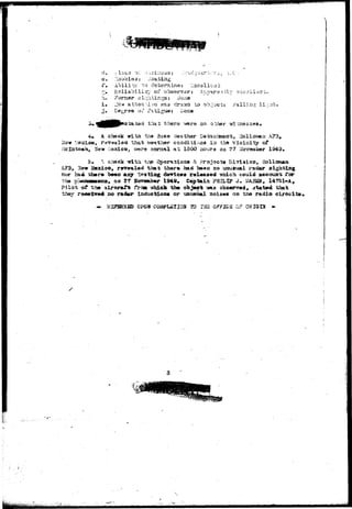 e. 
...V.v.cL.r.;.-ir ^ • : r ^ , .,'C 
Abilltry to driers;in©* Vjc 
RsliaMlicy of observsrj Appsrs"! ;;Iy 
Forraor sI;_;hULx5gsj Hone 
-low a t t s n Mon was dra.-.^a U> object: i 
De^rs® Oi* fatigue» lione 
:?: 3.i;;at 
tatact tliat there v*ere ao other Tsitnoss 
A check witii the >3:as© n^afchsr Satacl-aneia-t, Holicftnarj A?3, 
, r^vaaldci that wjathor coi3dxti:iaa ia the v i c i a i t y of 
Jew ^laxico, v«re nonaai ai; 1S0O ijoura oa ^7 XJovenbar 1949» 
5»  check' -witii ti» Operations-^ Projocta Division, H 
AF3, 2Jaw ISsxioo^ repealed that there had beox) so miuarual radar sighting 
nor had tisere bees any testing devices released Tshich could account tar 
the -/.leacawBoa, on 27 Sor«nb«r 1949, Captain PHILIP J. ^AiQifl, 14751-A, 
Pilot of -the aircraft frcn ^i&c& the object va.a observed, stated that 
they roce±ve^ no radar iaauotiona or unusual noises on the radio circuital 
• R3F3RHSD QPOS C TO 0??XC3 OJ O3IGIH - 
I' 
i . 
. . . • • • • • - » • • 
 