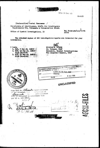 7/rtn 30 A9 
24-135 
0 (Unclassified)^ Aerial Phenoaena / *--' 
Directorate of Intelligence, DCS/0, Air Intelligence 
ReqrxLrsamta Biv, Doexnaenta & Eissanitation Branch 
Office of Special Invaatigationa, IG Maj Nioaczyk/lse/71776 
AFCSI 
Th« «tta*±i#d copies of 061 invts atigativo r opccrt» ar» forwarded for your 
inforaB-tlon. ; 
1. 
2, 
7 Deo 49, 
49, 
4 
12 Bse 49, 
H". 
Lt. Colonel, B3UT 
Executive, Special 
T Inspector General, USA.P 
Whan Incl Ho. , 
or riot attached, tl e 
5 ? ATITHOBITT OF ^ 
—tftsiarian 
DATE 
4 DEC 1975 
(are) withdraw 
cancelled in accordance vntn 
par 25 e, AFR 205-1-. 
UNCLASS1BED 
L ^ Z> 
 