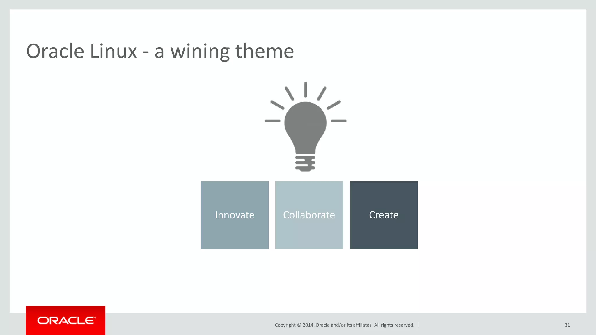 Copyright © 2014, Oracle and/or its affiliates. All rights reserved. | 
31 
Oracle Linux - a wining theme 
Innovate 
Collaborate 
Create  