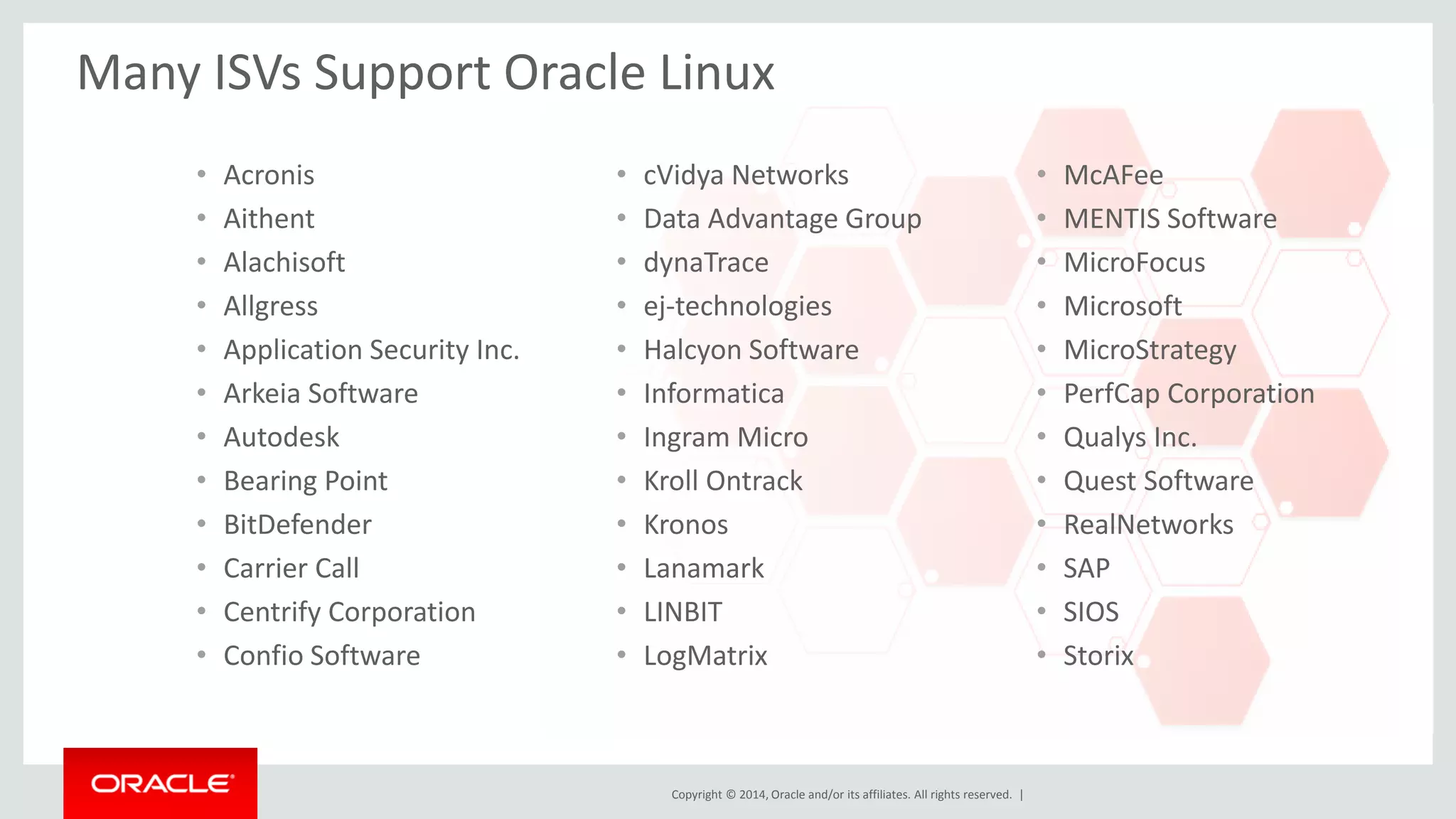 Copyright © 2014, Oracle and/or its affiliates. All rights reserved. | 
Many ISVs Support Oracle Linux 
•Acronis 
•Aithent 
•Alachisoft 
•Allgress 
•Application Security Inc. 
•Arkeia Software 
•Autodesk 
•Bearing Point 
•BitDefender 
•Carrier Call 
•Centrify Corporation 
•Confio Software 
•cVidya Networks 
•Data Advantage Group 
•dynaTrace 
•ej-technologies 
•Halcyon Software 
•Informatica 
•Ingram Micro 
•Kroll Ontrack 
•Kronos 
•Lanamark 
•LINBIT 
•LogMatrix 
•McAFee 
•MENTIS Software 
•MicroFocus 
•Microsoft 
•MicroStrategy 
•PerfCap Corporation 
•Qualys Inc. 
•Quest Software 
•RealNetworks 
•SAP 
•SIOS 
•Storix  