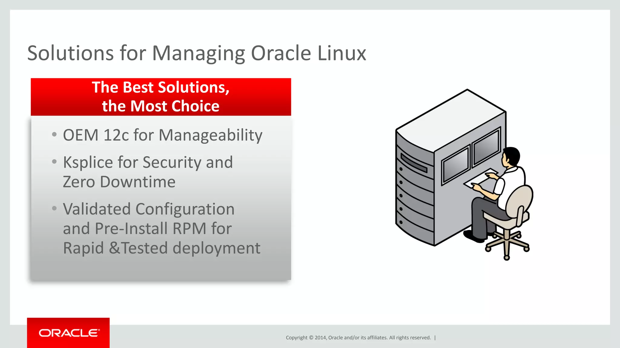 Copyright © 2014, Oracle and/or its affiliates. All rights reserved. | 
•OEM 12c for Manageability 
•Ksplice for Security and Zero Downtime 
•Validated Configuration and Pre-Install RPM for Rapid &Tested deployment 
The Best Solutions, the Most Choice 
Solutions for Managing Oracle Linux  