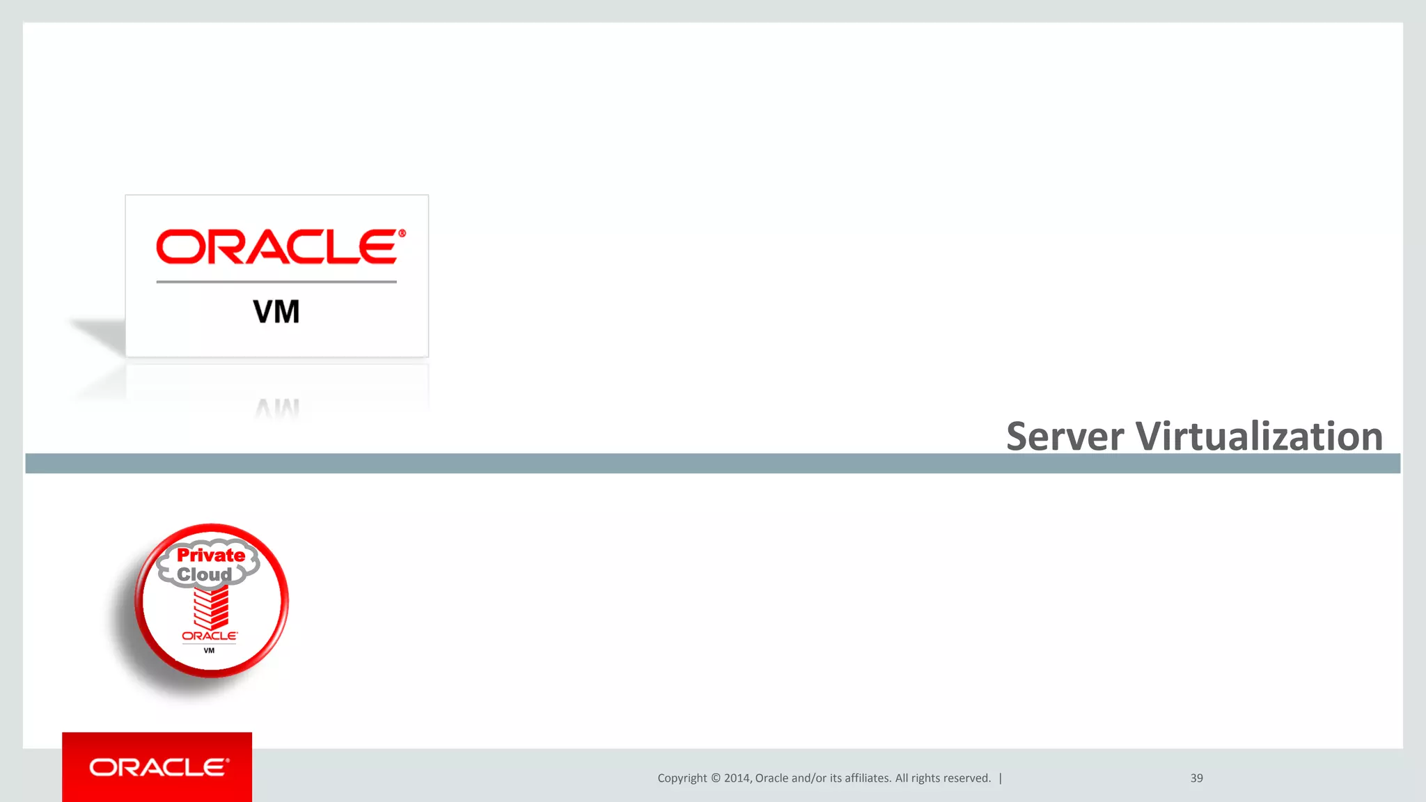 Copyright © 2014, Oracle and/or its affiliates. All rights reserved. | 
Server Virtualization 
39 
Private 
Cloud  