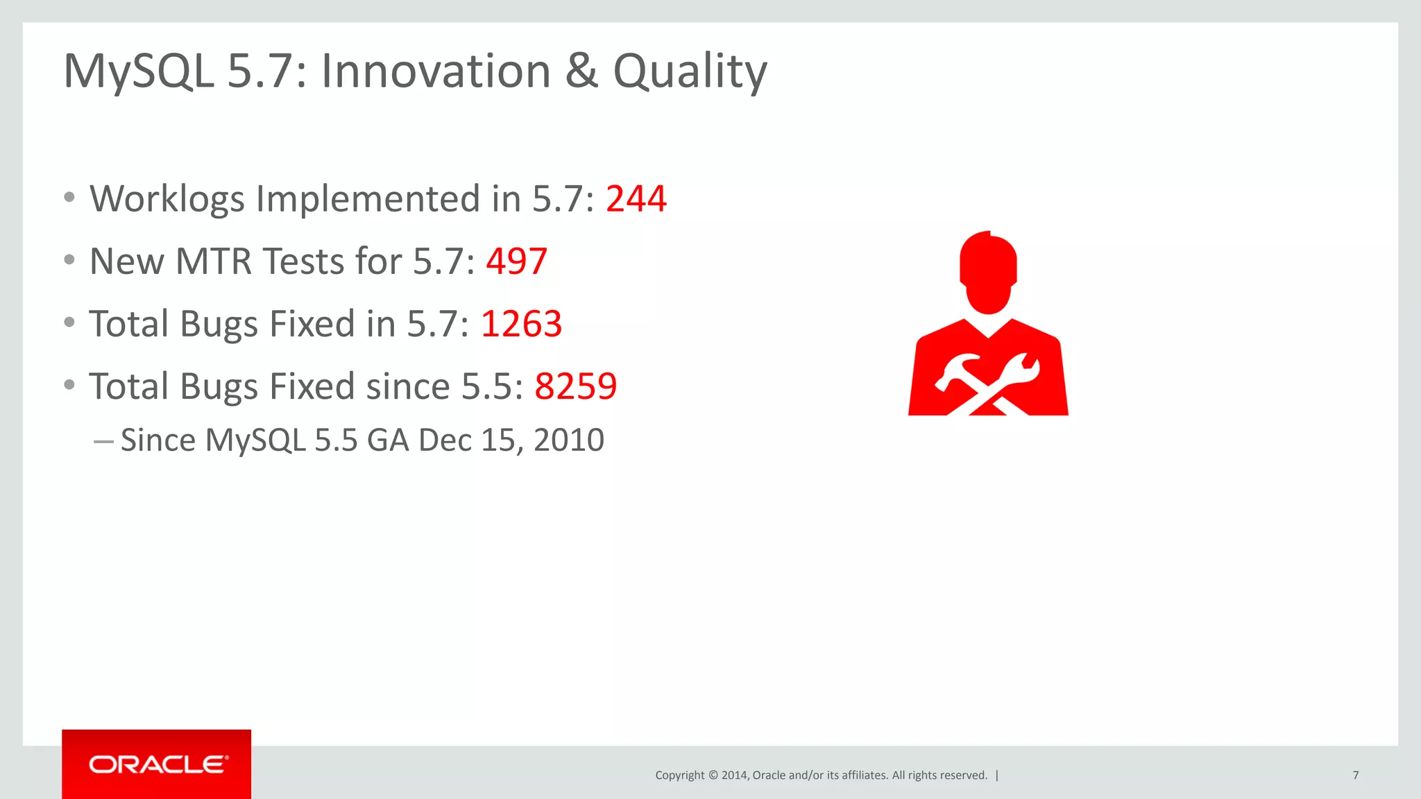 Copyright © 2014, Oracle and/or its affiliates. All rights reserved. | 
MySQL 5.7: Innovation & Quality 
•Worklogs Implemented in 5.7: 244 
•New MTR Tests for 5.7: 497 
•Total Bugs Fixed in 5.7: 1263 
•Total Bugs Fixed since 5.5: 8259 
–Since MySQL 5.5 GA Dec 15, 2010 
7  