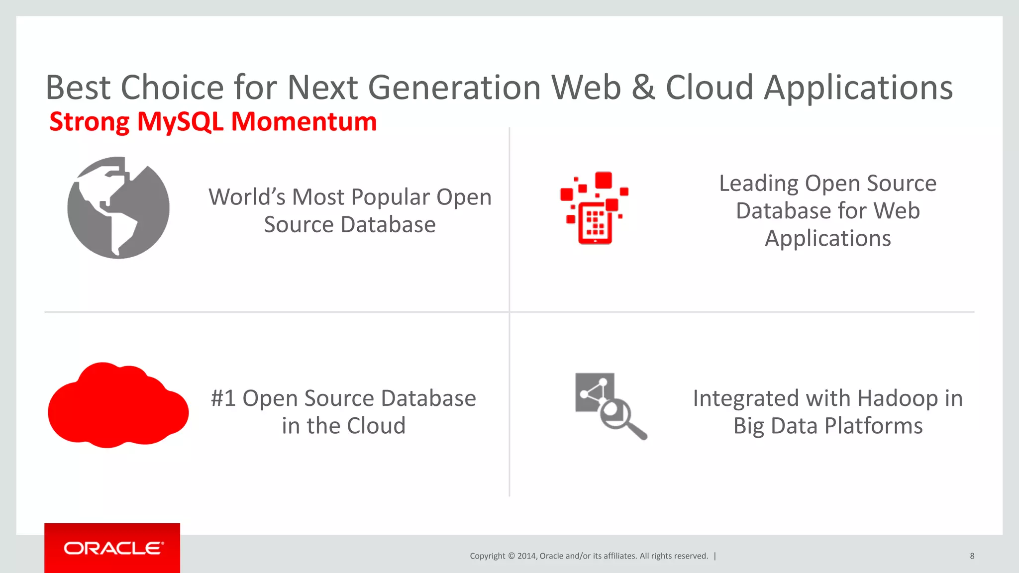 Copyright © 2014, Oracle and/or its affiliates. All rights reserved. | 
Best Choice for Next Generation Web & Cloud Applications 
World’s Most Popular Open Source Database 
Leading Open Source Database for Web Applications 
#1 Open Source Database in the Cloud 
Integrated with Hadoop in Big Data Platforms 
Strong MySQL Momentum 
8  