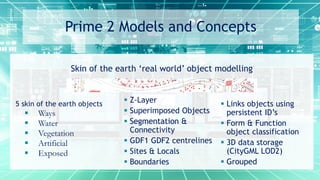 Prime 2 Models and Concepts
Skin of the earth ‘real world’ object modelling
5 skin of the earth objects
 Ways
 Water
 Vegetation
 Artificial
 Exposed
 Z-Layer
 Superimposed Objects
 Segmentation &
Connectivity
 GDF1 GDF2 centrelines
 Sites & Locals
 Boundaries
 Links objects using
persistent ID’s
 Form & Function
object classification
 3D data storage
(CityGML LOD2)
 Grouped
 