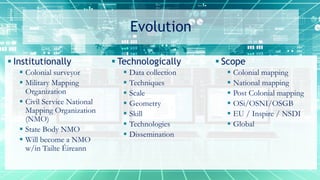 Evolution
 Institutionally
 Colonial surveyor
 Military Mapping
Organization
 Civil Service National
Mapping Organization
(NMO)
 State Body NMO
 Will become a NMO
w/in Tailte Éireann
 Technologically
 Data collection
 Techniques
 Scale
 Geometry
 Skill
 Technologies
 Dissemination
 Scope
 Colonial mapping
 National mapping
 Post Colonial mapping
 OSi/OSNI/OSGB
 EU / Inspire / NSDI
 Global
 
