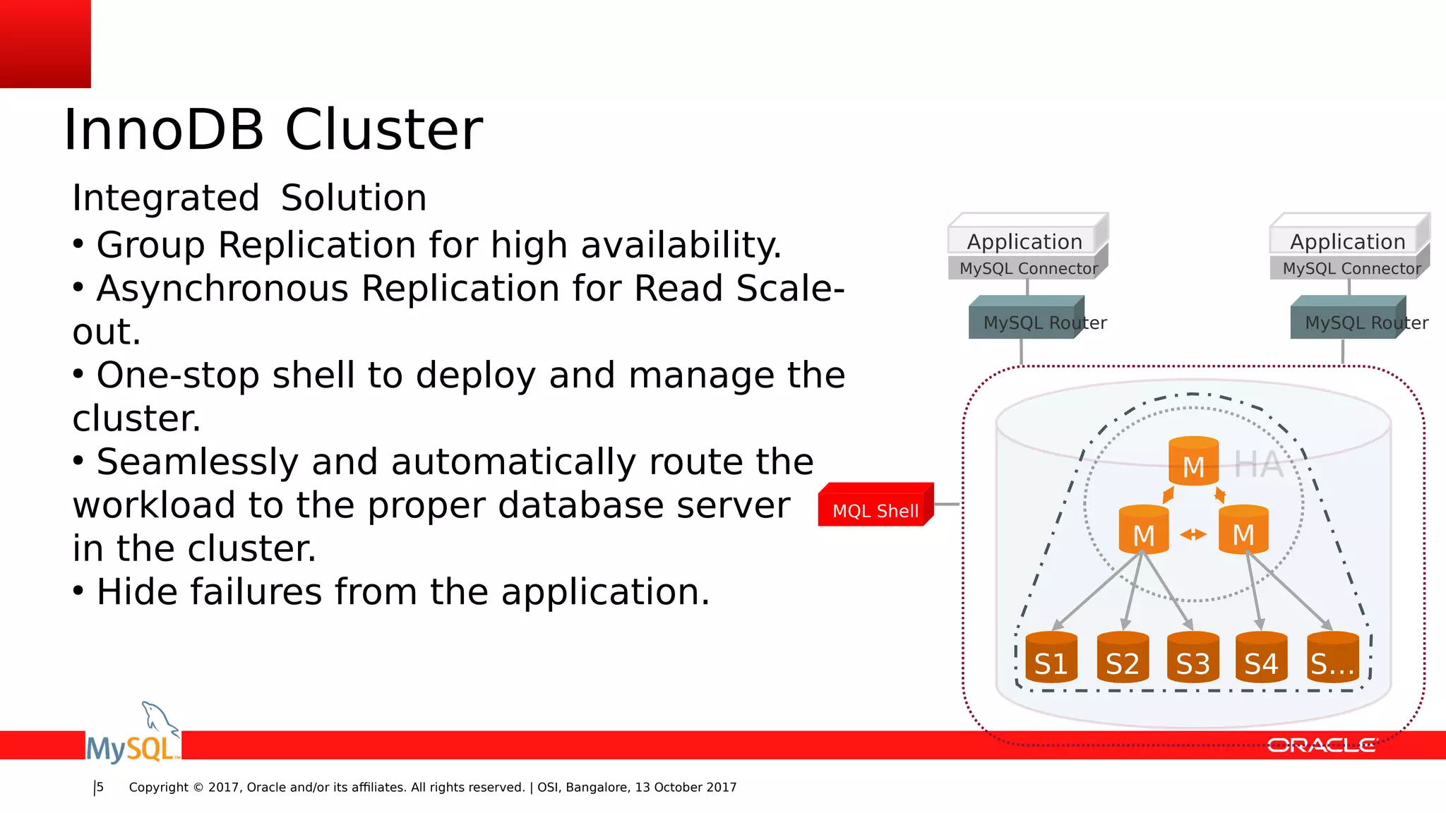 Copyright © 2017, Oracle and/or its affiliates. All rights reserved. | OSI, Bangalore, 13 October 20175
InnoDB Cluster
Integrated Solution
●
Group Replication for high availability.
●
Asynchronous Replication for Read Scale-
out.
●
One-stop shell to deploy and manage the
cluster.
●
Seamlessly and automatically route the
workload to the proper database server
in the cluster.
●
Hide failures from the application.
M
M M
MySQL Connector
Application
MySQL Router
MySQL Connector
Application
MySQL Router
MQL Shell
HA
S1 S2 S3 S4 S…
 