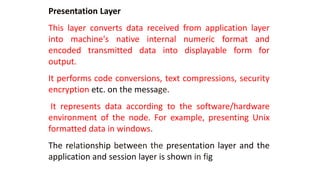 Presentation Layer 
This layer converts data received from application layer 
into machine's native internal numeric format and 
encoded transmitted data into displayable form for 
output. 
It performs code conversions, text compressions, security 
encryption etc. on the message. 
It represents data according to the software/hardware 
environment of the node. For example, presenting Unix 
formatted data in windows. 
The relationship between the presentation layer and the 
application and session layer is shown in fig 
 