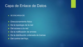 Capa de Enlace de Datos
 SE ENCARGA DE:
 Direccionamiento físico
 De la topología de la red
 Del acceso a la red
 De la notificación de errores
 De la distribución ordenada de tramas
 Del control del flujo.
 