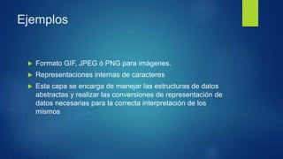 Ejemplos
 Formato GIF, JPEG ó PNG para imágenes.
 Representaciones internas de caracteres
 Esta capa se encarga de manejar las estructuras de datos
abstractas y realizar las conversiones de representación de
datos necesarias para la correcta interpretación de los
mismos
 
