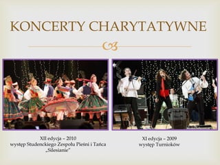 KONCERTY CHARYTATYWNE



XII edycja – 2010
występ Studenckiego Zespołu Pieśni i Tańca
„Silesianie”

XI edycja – 2009
występ Turnioków

 