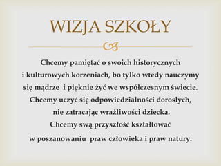 WIZJA SZKOŁY

Chcemy pamiętać o swoich historycznych
i kulturowych korzeniach, bo tylko wtedy nauczymy
się mądrze i pięknie żyć we współczesnym świecie.
Chcemy uczyć się odpowiedzialności dorosłych,
nie zatracając wrażliwości dziecka.
Chcemy swą przyszłość kształtować
w poszanowaniu praw człowieka i praw natury.

 