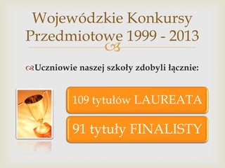 Wojewódzkie Konkursy
Przedmiotowe 1999 - 2013



Uczniowie naszej szkoły zdobyli łącznie:

109 tytułów LAUREATA

91 tytuły FINALISTY

 