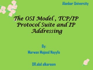 The OSI Model , TCP/IPThe OSI Model , TCP/IP
Protocol Suite and IPProtocol Suite and IP
AdAdddressingressing
By:
Marwan Majeed Nayyfe
DR.abd alkareem
Alanbar Univercity
 