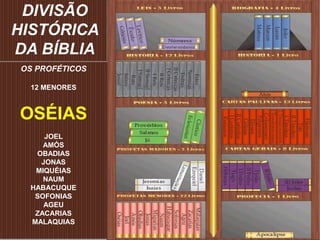 DIVISÃO
HISTÓRICA
DA BÍBLIA
OS PROFÉTICOS
12 MENORES
OSÉIAS
JOEL
AMÓS
OBADIAS
JONAS
MIQUÉIAS
NAUM
HABACUQUE
SOFONIAS
AGEU
ZACARIAS
MALAQUIAS
 