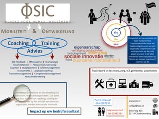 Perspec'ef	
  en	
  harmonisa'e	
  zijn	
  
twee	
  fundamentele	
  
basisvoorwaarden	
  voor	
  het	
  
(toekoms'ge)	
  succes	
  van	
  een	
  
organisa'e.	
  Daarbinnen	
  is	
  de	
  
juiste	
  persoon	
  op	
  de	
  juiste	
  
plaats	
  cruciaal.	
  In	
  dit	
  alles	
  
investeren	
  levert	
  resultaten	
  op.	
  
"Return	
  on	
  Human	
  Investment"	
  
noemen	
  we	
  dit.
Pierre	
  Emanuel	
  
06-­‐41267730
Marianne	
  KieN	
  
06-­‐53935293
Onze	
  focus	
  is	
  mobiliteit	
  en	
  ontwikkeling	
  van	
  
individuen,	
  teams	
  en	
  organisa'es.	
  Dat	
  doen	
  
wij	
  door	
  middel	
  van	
  coaching,	
  training	
  en	
  
advies.	
  Werken	
  op	
  het	
  snijvlak	
  van	
  mens	
  en	
  
organisa'e,	
  werken	
  aan	
  sociale	
  innova'e.
	
  Impact	
  op	
  uw	
  bedrijfsresultaat	
  
MOBILITEIT ONTWIKKELING
Coaching
Advies
+ =
Trackrecord	
  in:	
  techniek,	
  zorg,	
  ICT,	
  gemeente,	
  automo've
360	
  Feedback	
  	
  |	
  	
  TMA	
  analyse	
  	
  |	
  	
  Teamanalyse	
  
Second	
  Opinion	
  	
  |	
  	
  Persoonlijk	
  Leiderschap	
  
Coachen	
  	
  |	
  	
  Outplacement	
  	
  |	
  	
  Talentmanagement	
  
Assessments	
  	
  |	
  	
  Loopbaancoaching	
  
Transi'emanagement	
  	
  |	
  	
  Competen'emanagement	
  
Atudeverandering
Sloterweg	
  303	
  
1171	
  VC	
  Badhoevedorp
contact@osic.nl
www.osic.nl
sociale innovatie
duurzame inzetbaarheid
talenten
autonomie	
  	
  
betrokkenheid
eigenaarschap
focus
verhoging productiviteit
leiderschap
Training
&
 