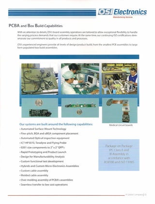 e; =----=se
                                                                                                       == i =        ;I   t='ectli'nn'·Cs
                                                                                                                          ~Ij      u
                                                                                                                      Manufacturing   Services




 PCBA       and Box Build Capabilities
         With an attention to details, 051'sboard assembly operations are tailored to allow exceptional flexibility to handle
         the varying process demands that our customers require. At the same time, our continuing ISOcertifications dem-
         onstrate our commitment to quality in all products and processes.

         051'sexperienced engineers provide all levels of design/product build, from the smallest PCBassemblies to large
         form populated box build assemblies.




                     : ~~'~{~r.~:_?: i.:~>
                     •   0
                           ~: .
                             •   ('   ~   I   •   n."   -.




           Our systems are built around the following                                  capabilities:            Medical circuit boards
           • Automated       Surface-Mount                   Technology
           • Fine-pitch, BGA and uBGA component                            placement
           • Automated       Optical inspection                 equipment

           • ICT HP3070, Teradyne and Flying Probe
           ·0201 size components                        to 2" x 2" QFP's
                                                                                                           Package on Package
                                                                                                             IPC Class II and
           • Rapid Prototyping                    and Product Launch
                                                                                                              III Assembly in
           • Design for Manufacturability                      Analysis
                                                                                                            accordance with
           • Custom functional                    test development                                        AS91 00 and ISO 13485
           • Hybrids and Custom Micro-Electronics                          Assemblies

           • Custom cable assembly
           • Molded cable assembly

           • Over molding assembly of PCBA's assemblies

           • Seamless transfer to low cost operations


______________________________________                                                                                                A Global Company]   05
 