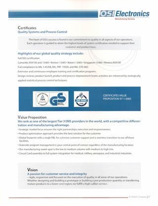 .                                                                                      t= ~ !~I~
                                                                                       a;    ==   c; , ur'ect'rnn,·cs
    ~-~~~~~-~---~---~--~~~~~~~---~-                                                          --~~~~~~~~~-
                                                                                                       Manufacturing   Services




         Certificates
         Quality Systems and Process Control

                   The heart of OSl'ssuccess is found in our commitment to quality in all aspects of our operations.
                  Each operation is guided to attain the highest lev.elsof system certification needed to support their
                                                      customer and product base.

         Highlights of our global quality strategy include:
         Full ISOcertification
         Camarillo AS9100 and 13485' Boston 13485' Batam 13485' Singapore 13485 • Mexico AS9100
         Full compliance to MIL-I-45208, MIL-PRF-19500,and MIL-STD-883
         Extensive and continuous employee training and certification programs.
         Design reviews, product launch, product and process improvement teams activities are enhanced by strategically
         applied statistical process control techniques.




        Value Proposition
        We rank as one of the largest Tier 3 EMS providers in the world, with a competitive differen-
        tiation and manufacturing advantage.
        • Strategic market focus ensures the right partnerships, execution and responsiveness.
        • Product optimization approach provides the best solution for the customer
        • Global footprint with a single P&Lfor cohesive customer support and a seamless transition to our offshore
          facilities.
        • Stateside program management is your central point of contact regardless of the manufacturing location.
        • Our manufacturing sweet-spot is the low to medium volume with medium to high mix.
        • Circuit Card assembly to full system integration for medical, military, aerospace, and industrial industries.




                  Vision
                  A passion for customer service and integrity
                  - Agile, responsive and focused on the execution of quality in all areas of our operations.
                  Whether designing and building a prototype or building a pre-production quantity or transferring
                  mature products to a lower cost region, we fulfill a high caliber service.




________________________________________                                                                                A Global Company   107
 
