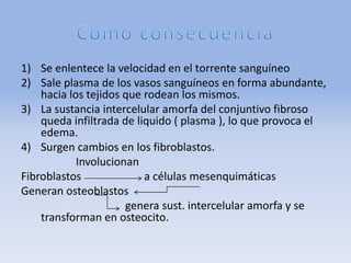 1) Se enlentece la velocidad en el torrente sanguíneo
2) Sale plasma de los vasos sanguíneos en forma abundante,
hacia los tejidos que rodean los mismos.
3) La sustancia intercelular amorfa del conjuntivo fibroso
queda infiltrada de liquido ( plasma ), lo que provoca el
edema.
4) Surgen cambios en los fibroblastos.
Involucionan
Fibroblastos a células mesenquimáticas
Generan osteoblastos
genera sust. intercelular amorfa y se
transforman en osteocito.
 