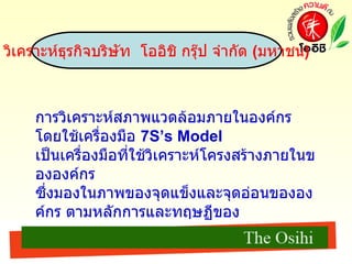 การวิเคราะห์สภาพแวดล้อมภายในองค์กร โดยใช้เครื่องมือ  7S’s Model  เป็นเครื่องมือที่ใช้วิเคราะห์โครงสร้างภายในขององค์กร ซึ่งมองในภาพของจุดแข็งและจุดอ่อนขององค์กร ตามหลักการและทฤษฏีของ  McKinney  โดยมีปัจจัยต่างๆ  7  ปัจจัยที่มีความสัมพันธ์ซึ่งกันและกันดังนี้ วิเคราะห์ธุรกิจบริษัท  โออิชิ กรุ๊ป จำกัด  ( มหาชน ) 