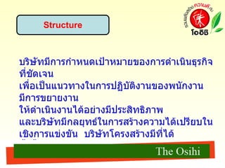 บริษัทมีการกำหนดเป้าหมายของการดำเนินธุรกิจที่ชัดเจน  เพื่อเป็นแนวทางในการปฏิบัติงานของพนักงาน  มีการขยายงาน ให้ดำเนินงานได้อย่างมีประสิทธิภาพ  และบริษัทมีกลยุทธ์ในการสร้างความได้เปรียบในเชิงการแข่งขัน  บริษัทโครงสรางมีที่ไดตั้งขึ้นตามกระบวนการและสายงานการผลิต  หรือตามหนาที่ของงานประสานงาน ไดอยางถูกตองและรวดเร็ว Structure 
