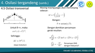 4. Osilasi tergandeng (samb.)
4.5 Osilasi transversal Masing-masing pegas akan memanjang
sebesar:
Dengan:
Untuk θ <<, maka:
Sehingga:
(dapat diabaikan)
Dengan demikian persamaan
gerak resultan:
Persamaan OHS
dengan frekuensi?
 