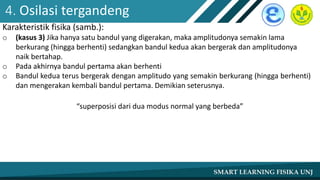 Karakteristik fisika (samb.):
o (kasus 3) Jika hanya satu bandul yang digerakan, maka amplitudonya semakin lama
berkurang (hingga berhenti) sedangkan bandul kedua akan bergerak dan amplitudonya
naik bertahap.
o Pada akhirnya bandul pertama akan berhenti
o Bandul kedua terus bergerak dengan amplitudo yang semakin berkurang (hingga berhenti)
dan mengerakan kembali bandul pertama. Demikian seterusnya.
4. Osilasi tergandeng
“superposisi dari dua modus normal yang berbeda”
 