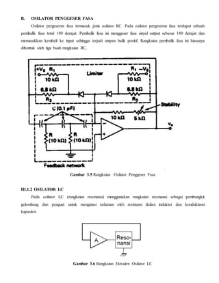 B. OSILATOR PENGGESER FASA 
Osilator pergeseran fasa termasuk jenis osilator RC. Pada osilator pergeseran fasa terdapat sebuah 
pembalik fasa total 180 derajat. Pembalik fasa ini menggeser fasa sinyal output sebesar 180 derajat dan 
memasukkan kembali ke input sehingga terjadi umpan balik positif. Rangkaian pembalik fasa ini biasanya 
dibentuk oleh tiga buah rangkaian RC. 
Gambar 3.5 Rangkaian Osilator Penggeser Fasa 
III.1.2 OSILATOR LC 
Pada osilator LC (rangkaian resonansi) menggunakan rangkaian resonansi sebagai pembangkit 
gelombang dan penguat untuk mengatasi redaman oleh resistansi dalam induktor dan konduktansi 
kapasitor. 
Gambar 3.6 Rangkaian Ekivalen Osilator LC 
 
