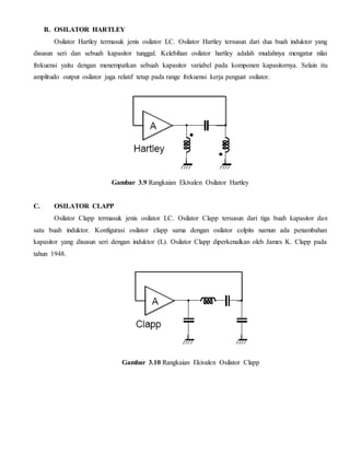B. OSILATOR HARTLEY 
Osilator Hartley termasuk jenis osilator LC. Osilator Hartley tersusun dari dua buah induktor yang 
disusun seri dan sebuah kapasitor tunggal. Kelebihan osilator hartley adalah mudahnya mengatur nilai 
frekuensi yaitu dengan menempatkan sebuah kapasitor variabel pada komponen kapasitornya. Selain itu 
amplitudo output osilator juga relatif tetap pada range frekuensi kerja penguat osilator. 
Gambar 3.9 Rangkaian Ekivalen Osilator Hartley 
C. OSILATOR CLAPP 
Osilator Clapp termasuk jenis osilator LC. Osilator Clapp tersusun dari tiga buah kapasitor dan 
satu buah induktor. Konfigurasi osilator clapp sama dengan osilator colpits namun ada penambahan 
kapasitor yang disusun seri dengan induktor (L). Osilator Clapp diperkenalkan oleh James K. Clapp pada 
tahun 1948. 
Gambar 3.10 Rangkaian Ekivalen Osilator Clapp 
 