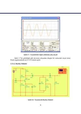Şekil 1.7: Transistörlü Colpits osilatörün çıkış sinyali

       Şekil 1.7’de görüldüğü gibi devrenin çıkışından düzgün bir sinüsoidal sinyal alınır.
Pratik uygulamalarda ise C1<C2 olarak seçilir.

1.3.1.2. Hartley Osilatör




                            Şekil 1.8: Transistorlü Hartley Osilatör


                                               8
 