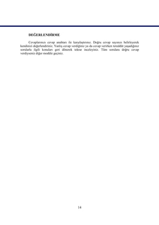 DEĞERLENDİRME

      Cevaplarınızı cevap anahtarı ile karşılaştırınız. Doğru cevap sayınızı belirleyerek
kendinizi değerlendiriniz. Yanlış cevap verdiğiniz ya da cevap verirken tereddüt yaşadığınız
sorularla ilgili konuları geri dönerek tekrar inceleyiniz. Tüm sorulara doğru cevap
verdiyseniz diğer modüle geçiniz.




                                            14
 